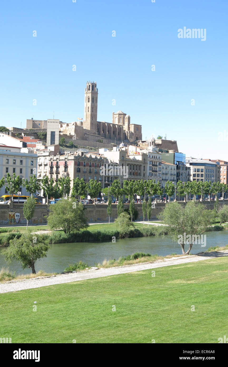 Panorama of Lleida. In the background the Seu (Old Cathedral). Catalonia, Spain. Stock Photo