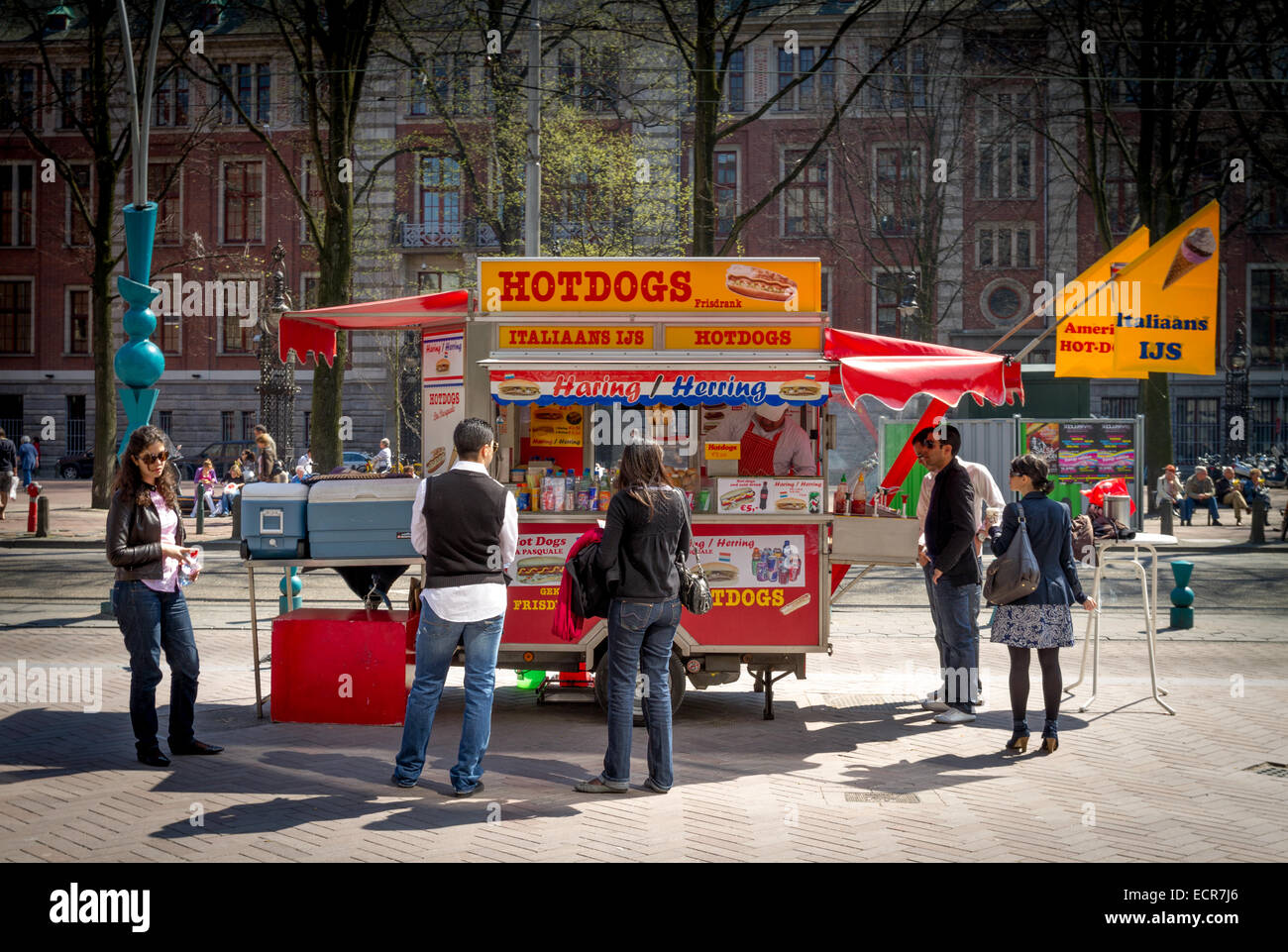 A hotdog stand kiosk on the damrak in amsterdam Stock Photo