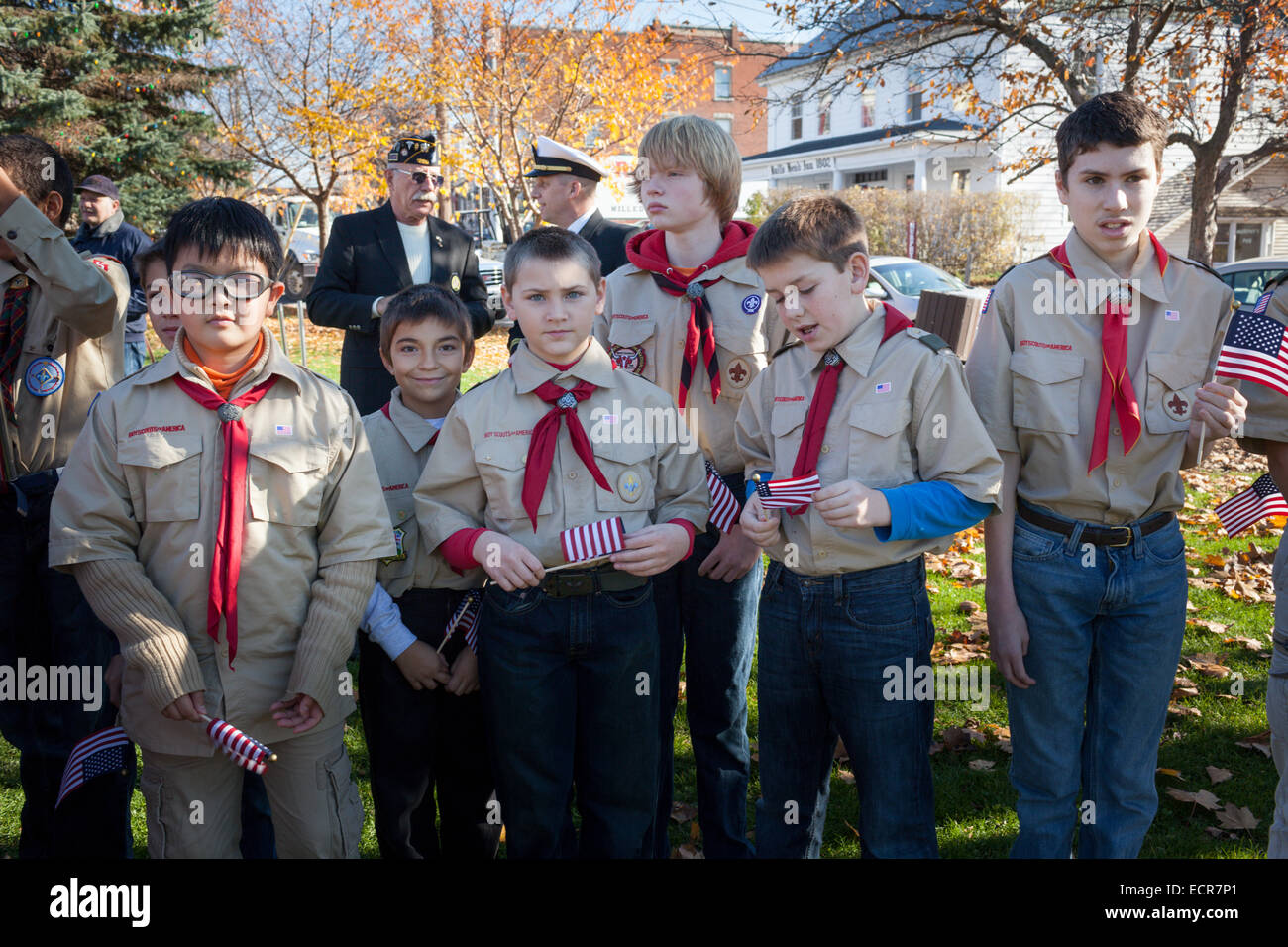 Boy Scouts participate in Veterans Day Services, Cobleskill, Schoharie County, New York, USA Stock Photo