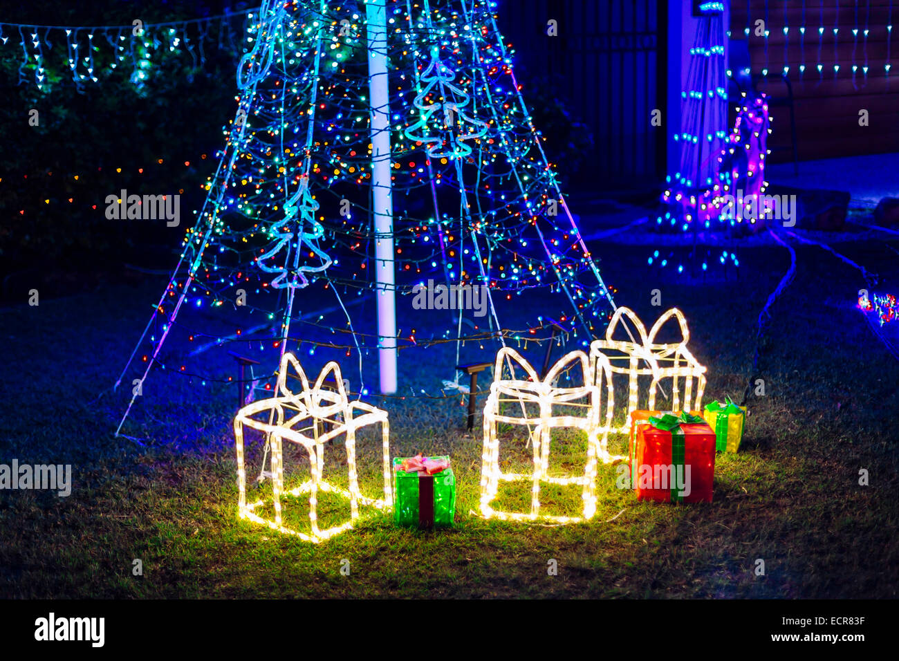 Christmas lights in garden Stock Photo Alamy