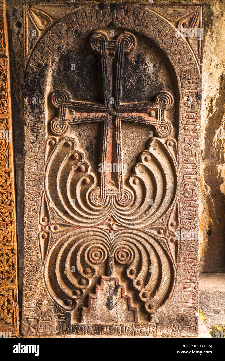 Armenian carved memorial stone at Haghpat Monastery Stock Photo