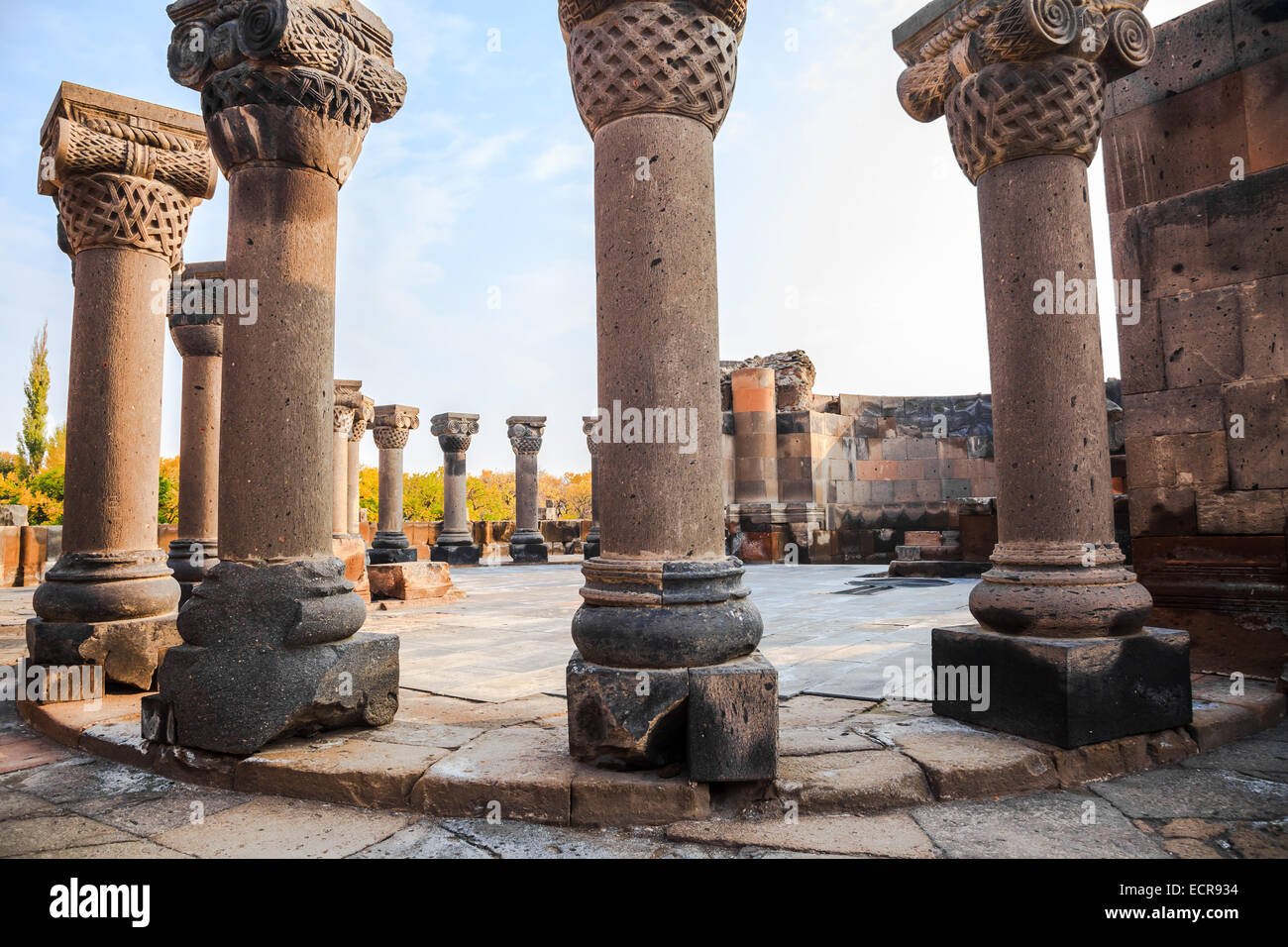 The Columns at Ruins Zvartnots Cathedral in Echmiadzin, Armenia Stock Photo