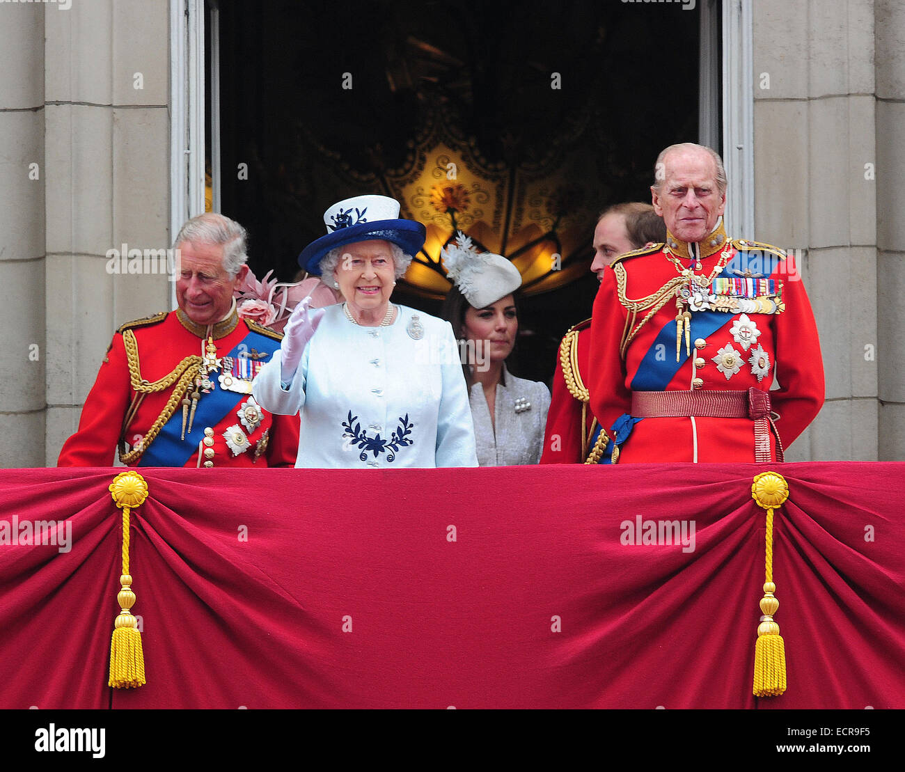 Members of the British Royal family are seen enjoying the Trooping of the Colour Celebrations on the balcony of Buckingham Palace .  Featuring: The Queen,Prince Phillip,Prince Charles Where: LONDON, United Kingdom When: 14 Jun 2014 Stock Photo