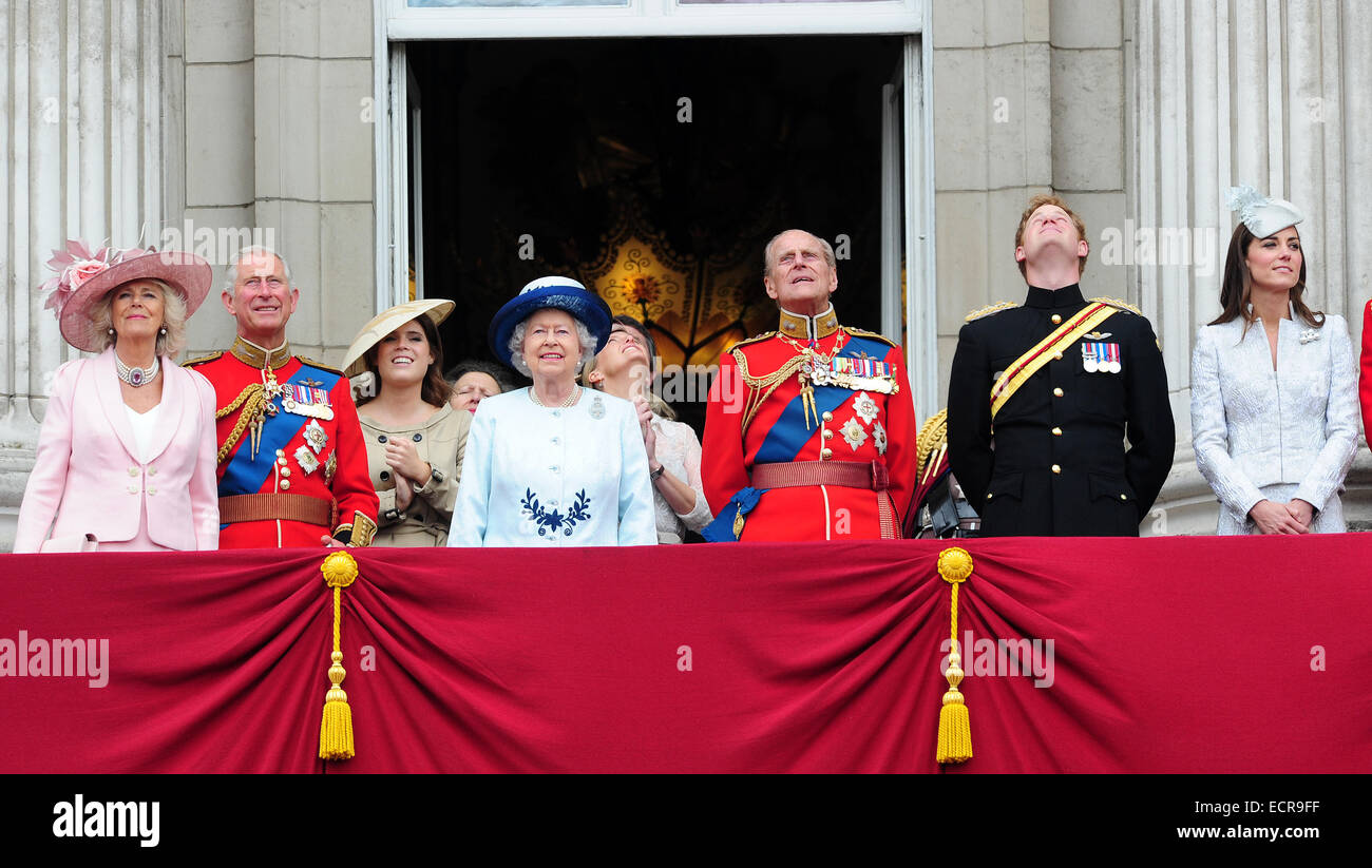 Members of the British Royal family are seen enjoying the Trooping of the Colour Celebrations on the balcony of Buckingham Palace .  Featuring: Prince William,Prince Harry,Prince Phillip,The Queen,Kate Middleton,Prince Charles,Camilla Parker Bowles Where: Stock Photo