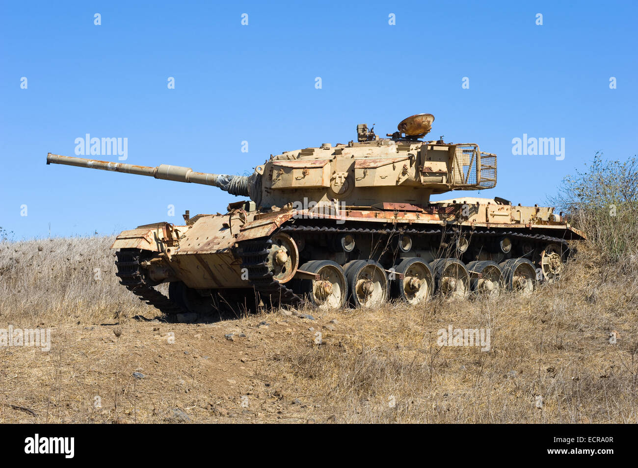 Old centurion tank of the yom kippur war close to the syrian border on the Golan Heights in Israel Stock Photo