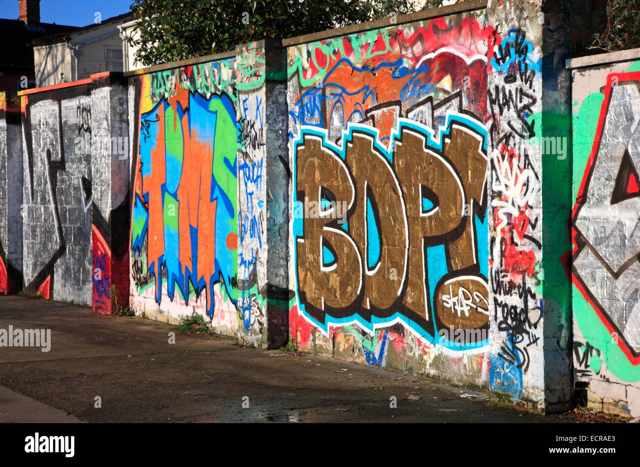 A wall of graffiti in a car park in Norwich, Norfolk, England, United