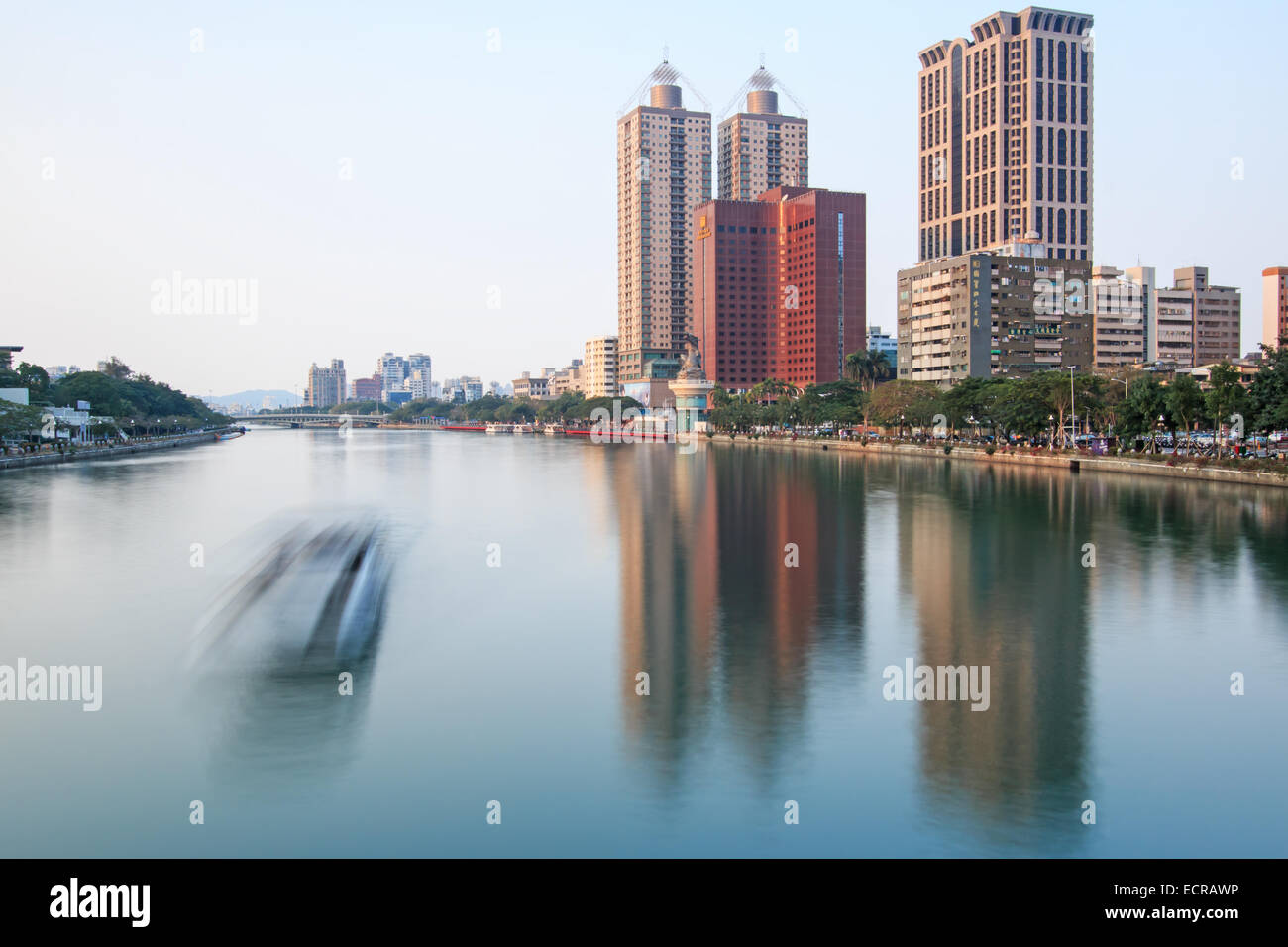 Kaohsiung, Taiwan - December 18,2014: Panoramic view of the Love River of Kaohsiung from the bridge on Wufu Road Stock Photo