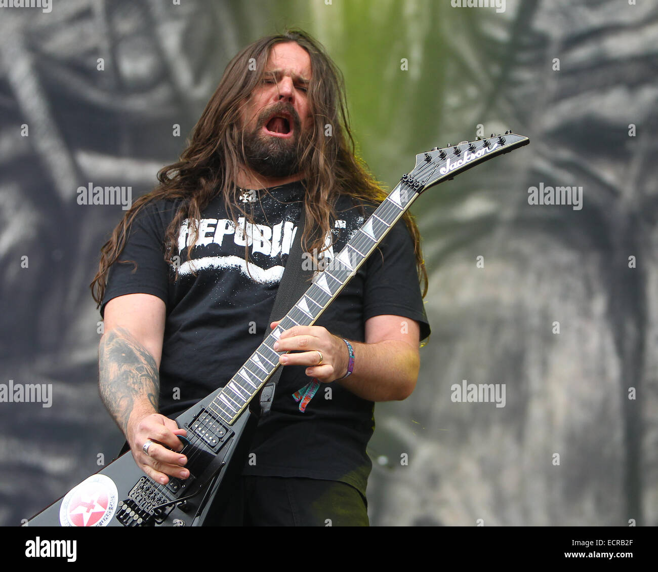 Sepultura perform on The Zippo Encore Stage on day 3 of Download at Donnington Park  Featuring: Andreas Kisser Where: Castle Donnington, United Kingdom When: 15 Jun 2014 Stock Photo