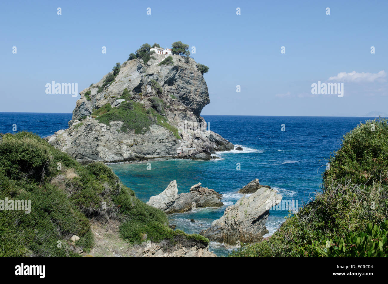 Mamma Mia chapel, Agios Ioannis, Skopelos, Greece. October. Church atop the  rock Stock Photo - Alamy