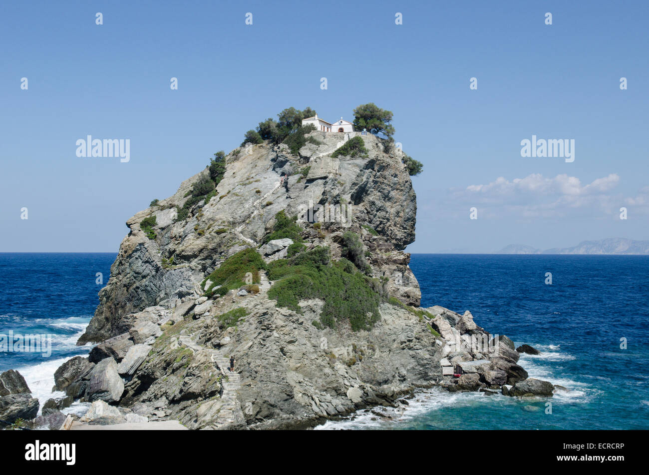 Mamma Mia chapel, Agios Ioannis, Skopelos, Greece. October. Church atop the  rock Stock Photo - Alamy