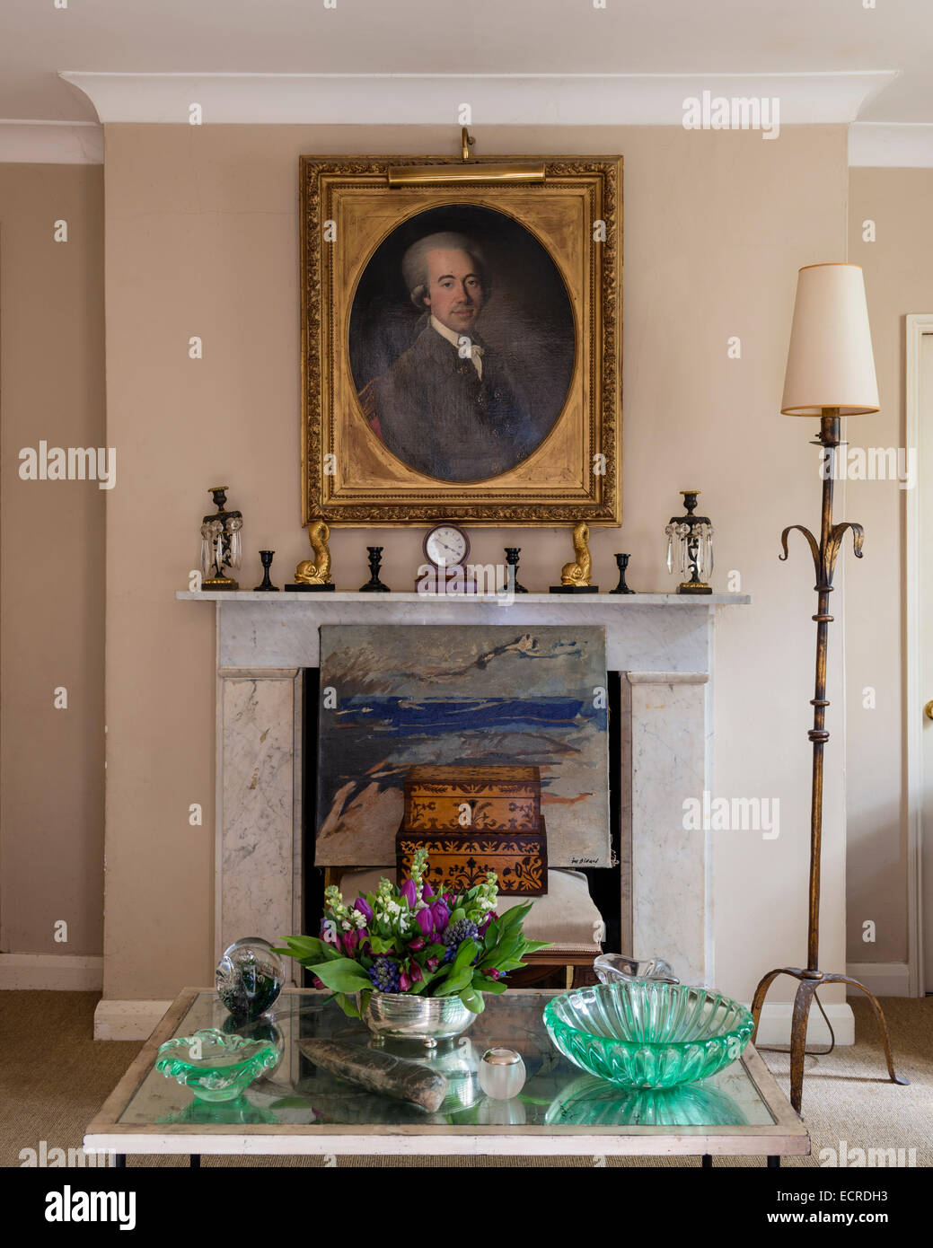 Gilt Framed Portrait Above Marble Fireplace Adorned With Candle
