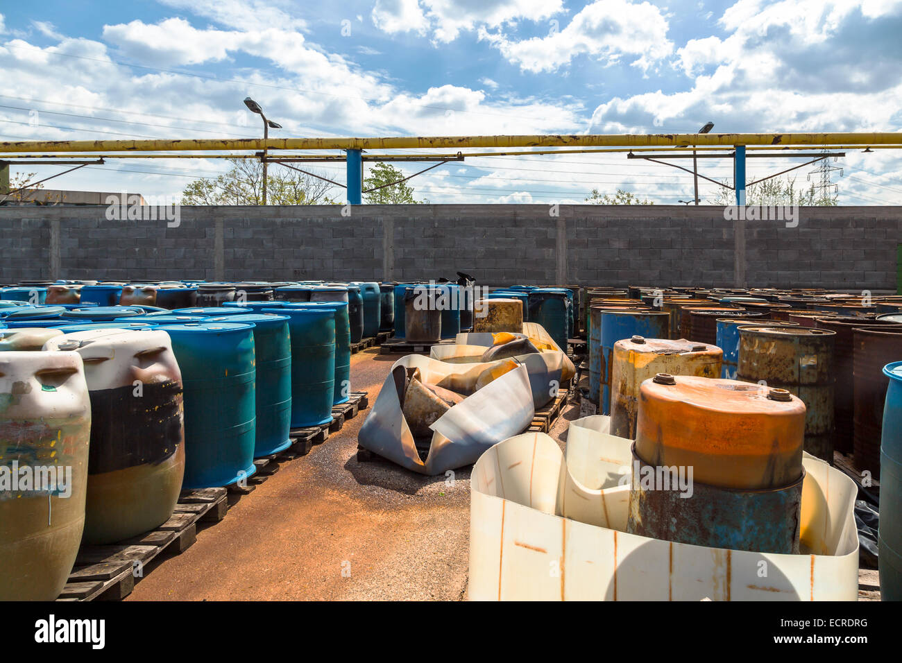 Several barrels of toxic waste at the dump Stock Photo