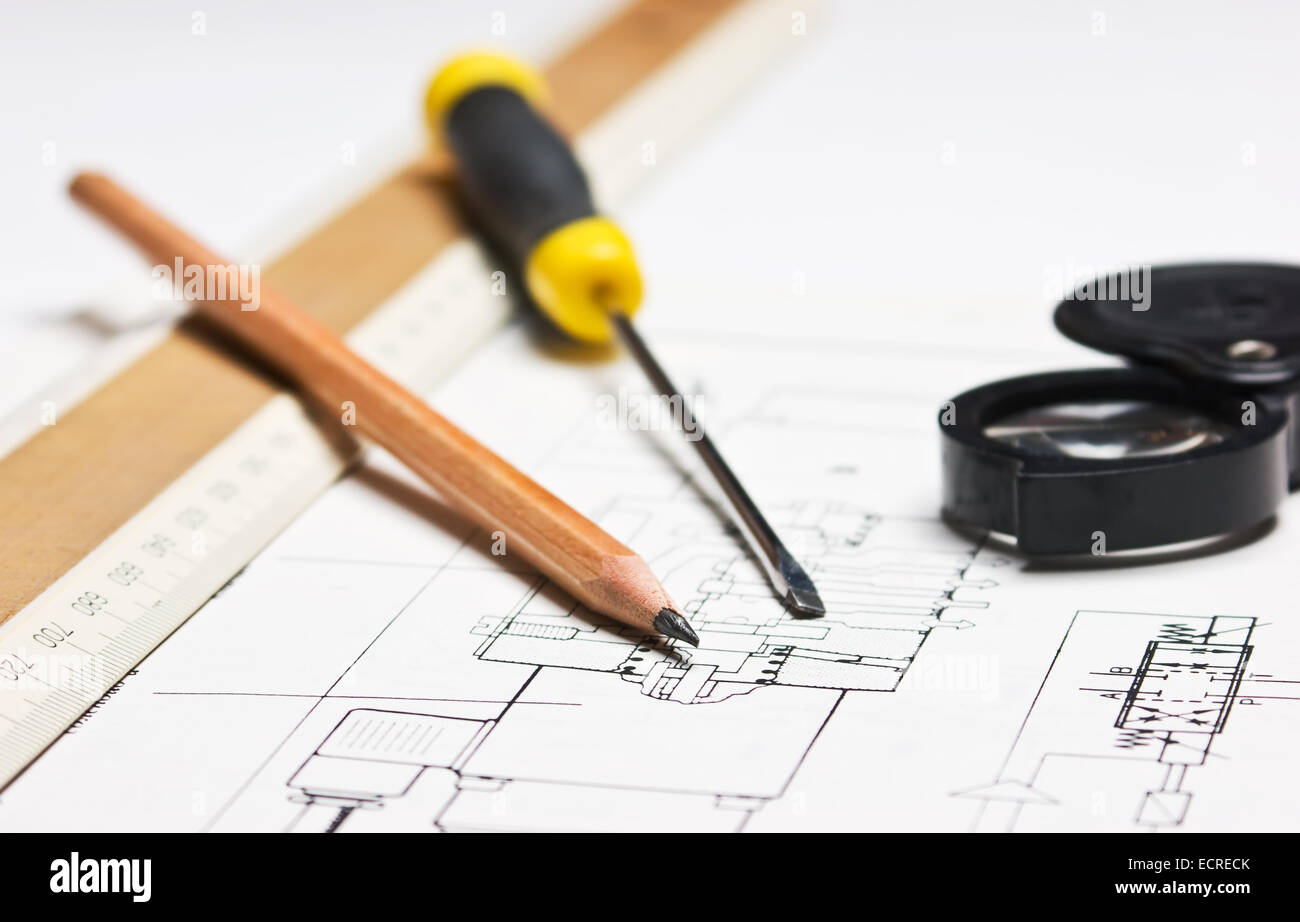 technical schemes with a pencil and ruler Stock Photo
