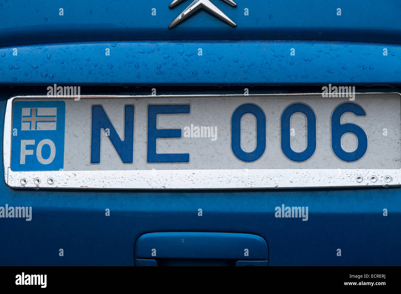 The Faroe Islands is an archipelago in the Norwegian Sea.  Own license plates demonstrate the sovereignty of these islands. Stock Photo