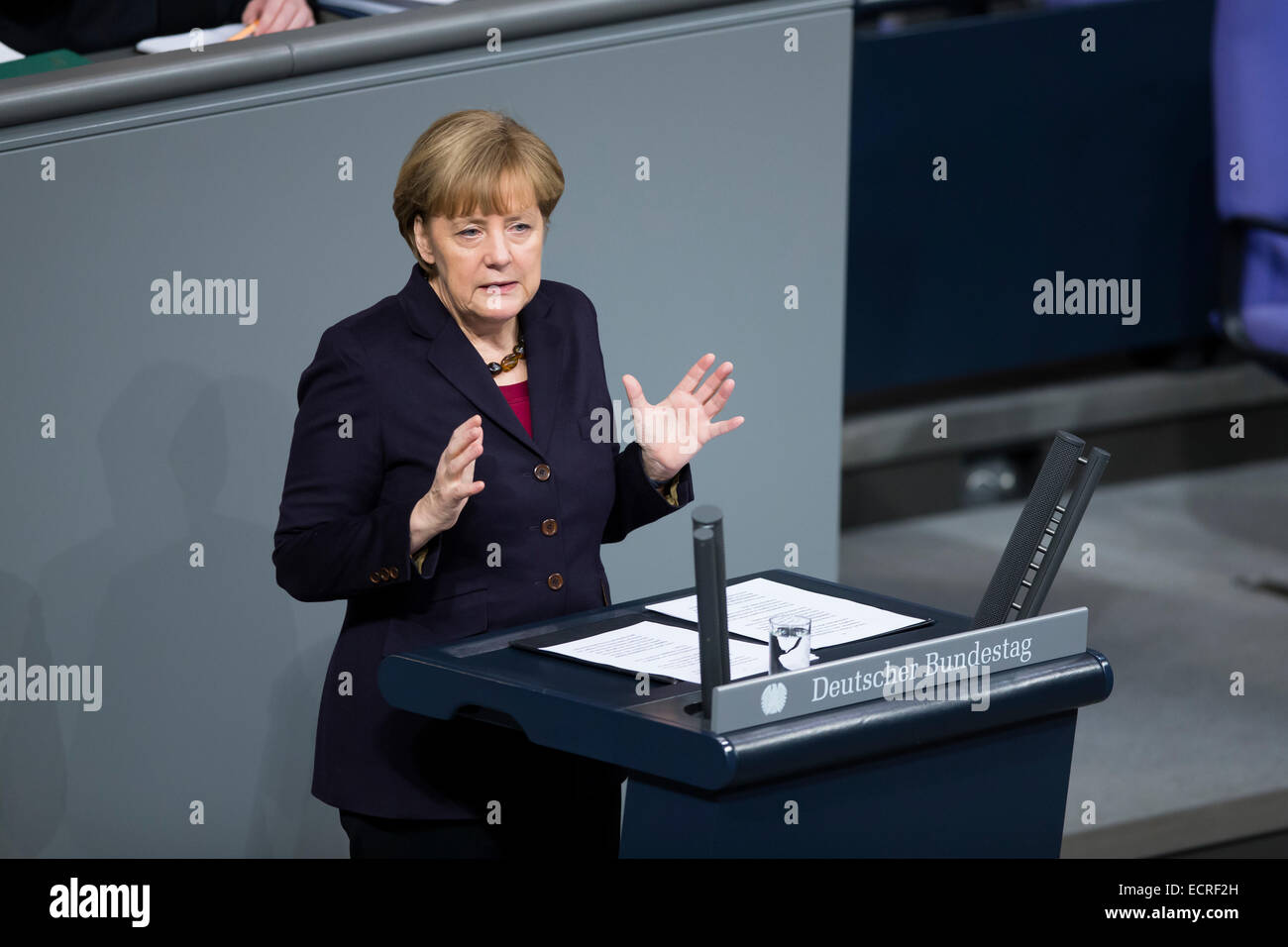 Berlin, Germany. 18th Dec, 2014. Delivery of a governmental declaration by the German Chancellor Angela Merkel  -to the forthcoming European council on the 18th and 19th December in Brussels 2014 at the Bundestag on December 18, 2014 in Berlin, Germany. Picture: German Chancellor Angela Merkel (CDU). Credit:  Reynaldo Chaib Paganelli/Alamy Live News Stock Photo