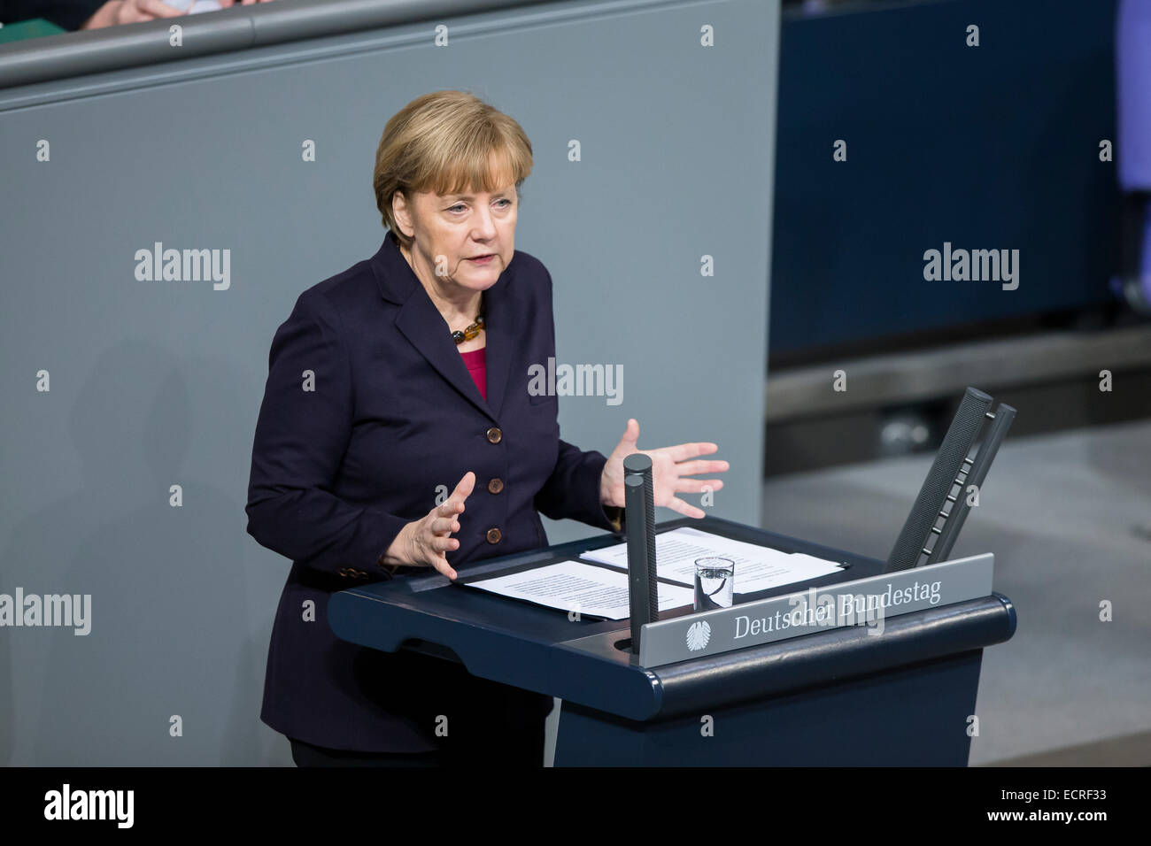 Berlin, Germany. 18th Dec, 2014. Delivery of a governmental declaration by the German Chancellor Angela Merkel  -to the forthcoming European council on the 18th and 19th December in Brussels 2014 at the Bundestag on December 18, 2014 in Berlin, Germany. Picture: German Chancellor Angela Merkel (CDU). Credit:  Reynaldo Chaib Paganelli/Alamy Live News Stock Photo