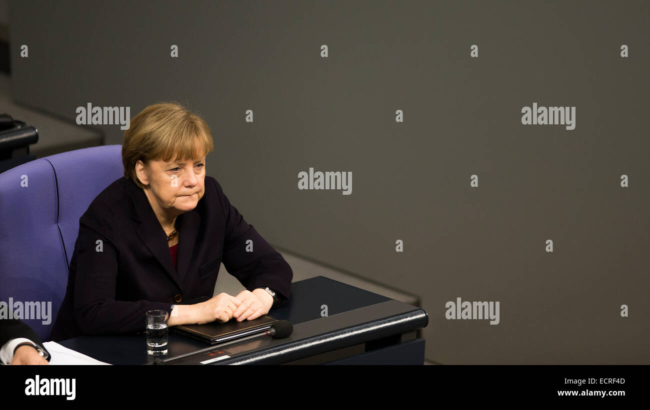 Berlin, Germany. 18th Dec, 2014. Delivery of a governmental declaration by the German Chancellor Angela Merkel  -to the forthcoming European council on the 18th and 19th December in Brussels 2014 at the Bundestag on December 18, 2014 in Berlin, Germany. Picture:  Chancellor Angela Merkel (CDU). Credit:  Reynaldo Chaib Paganelli/Alamy Live News Stock Photo