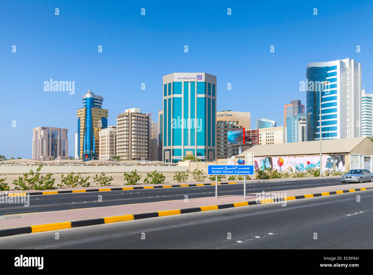 Manama, Bahrain - November 21, 2014: Shaikh Hamad Causeway. Street view of Manama city, Capital of Bahrain Stock Photo