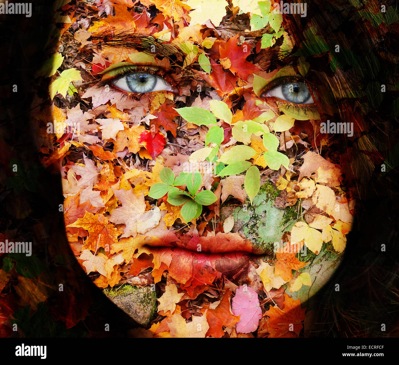 Sad face mother nature concept, woman with fall leaves texture Stock Photo