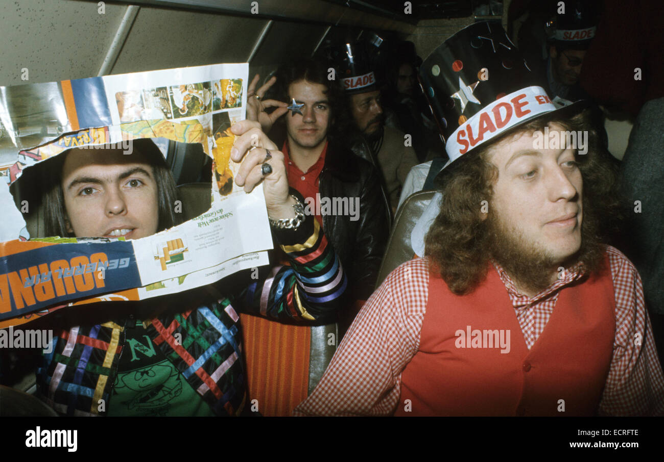 SLADE UK pop group about 1974 with from left Dave Hill, Jim Lea and Noddy Holder Stock Photo