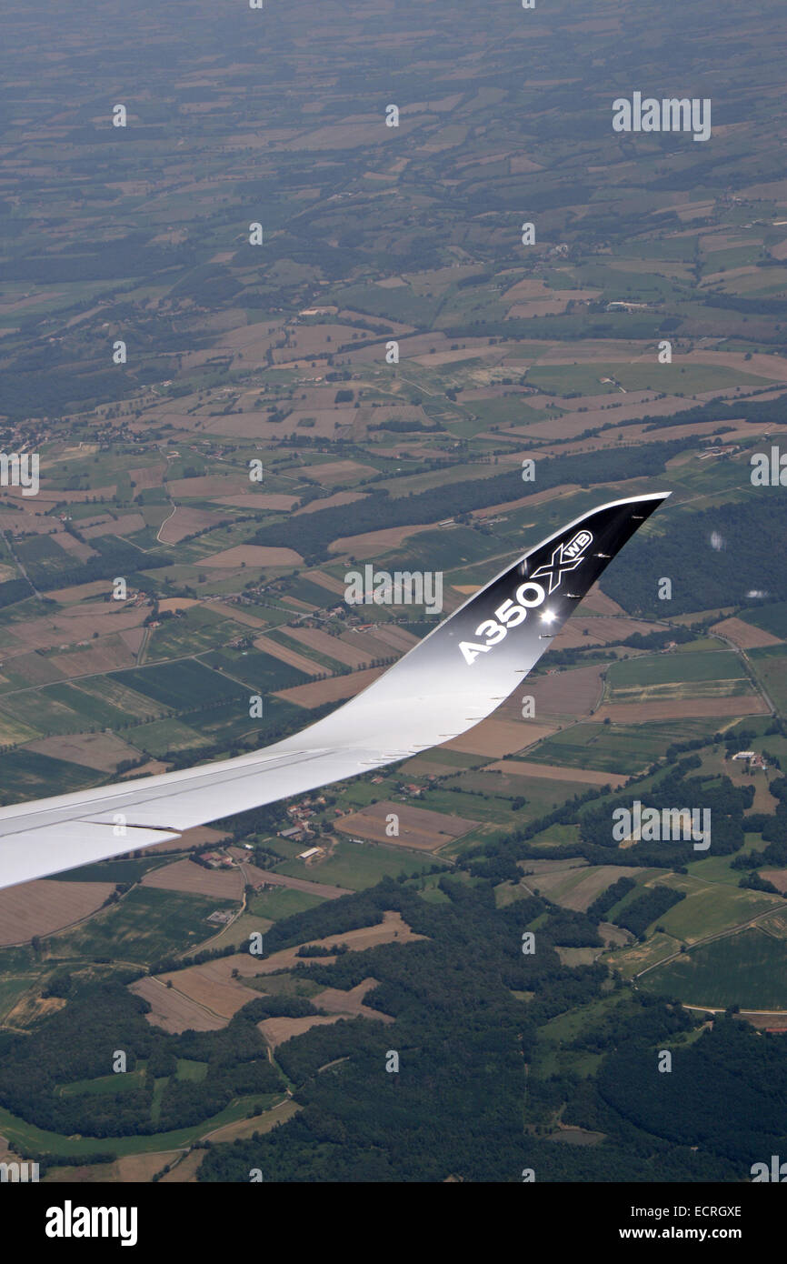 The new A350 Airbus aircraft during a test flight. Stock Photo