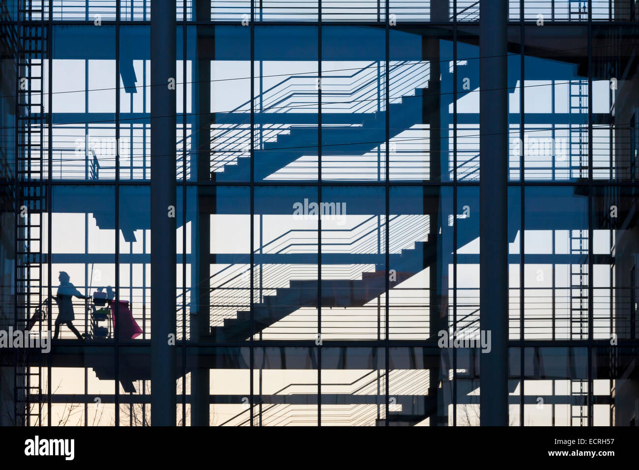 SILHOUETTE OF A CHARWOMAN, STAIRCASE, OFFICE BLOCK, STUTTGART, BADEN-WURTTEMBERG, GERMANY Stock Photo