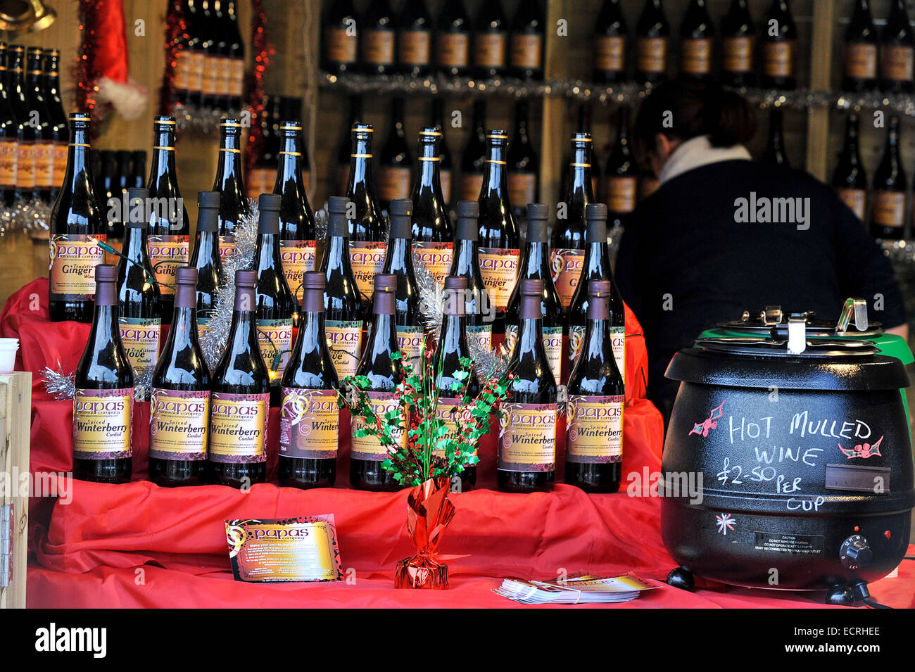 Bottles of mulled wine at Christmas market, Londonderry, Northern