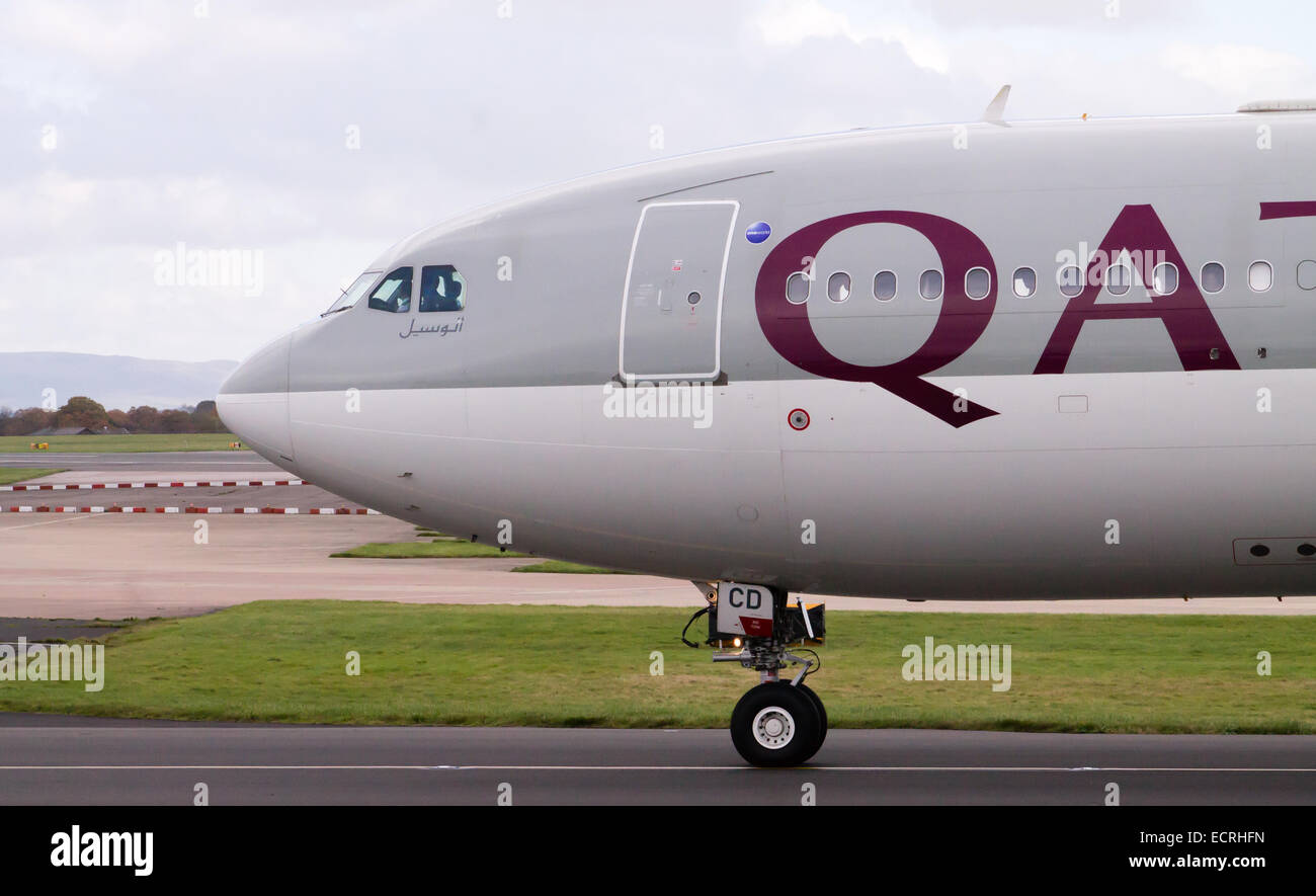 Qatar Airways Airbus A330, taxiing on Manchester International Airport. Stock Photo