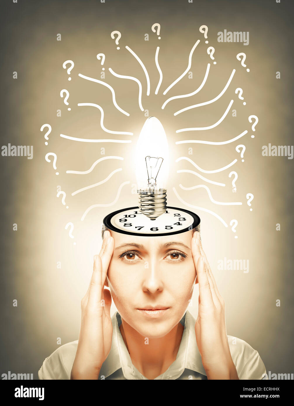 Thinking woman with question signs and light idea bulb above isolated on white Stock Photo