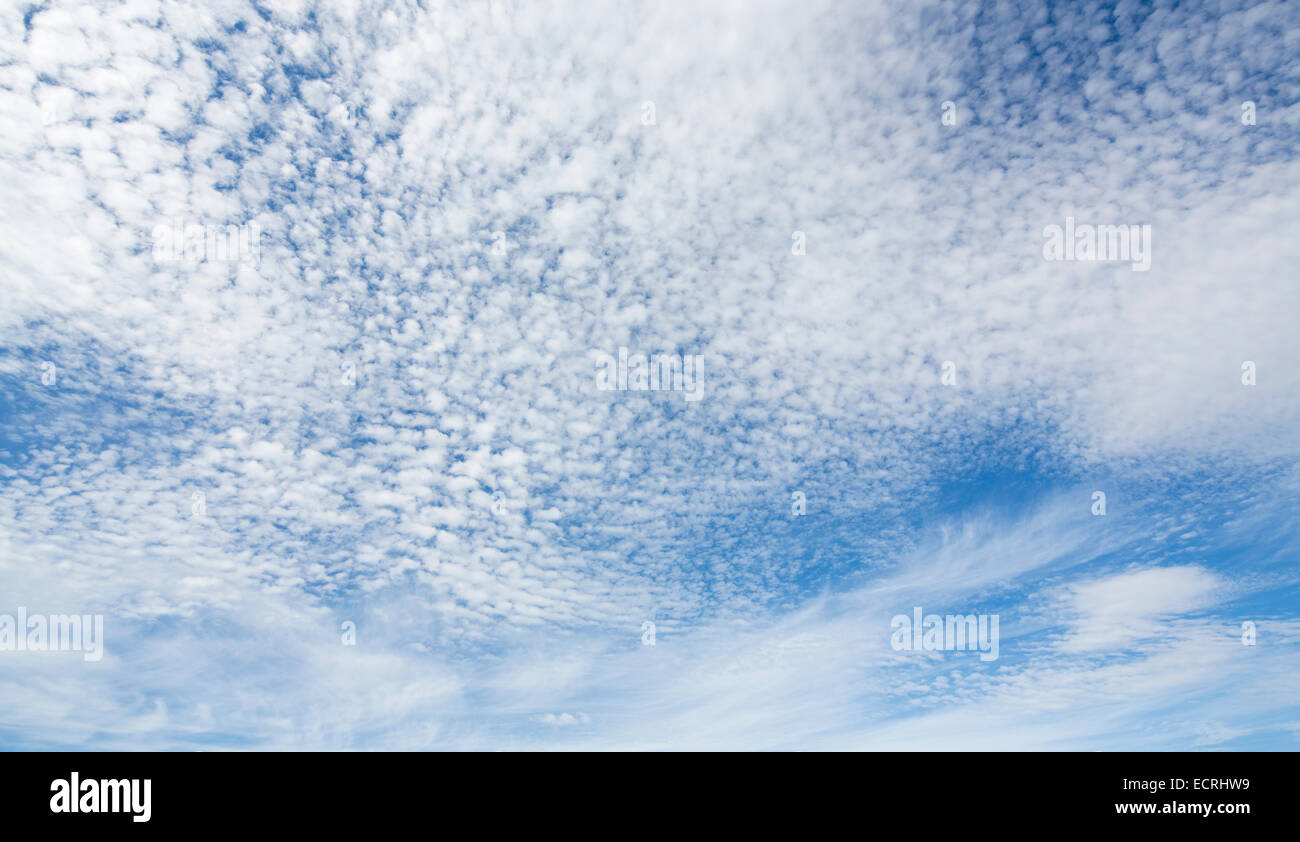 Thin layer of white cirrocumulus clouds on blue sky , Finland Stock Photo
