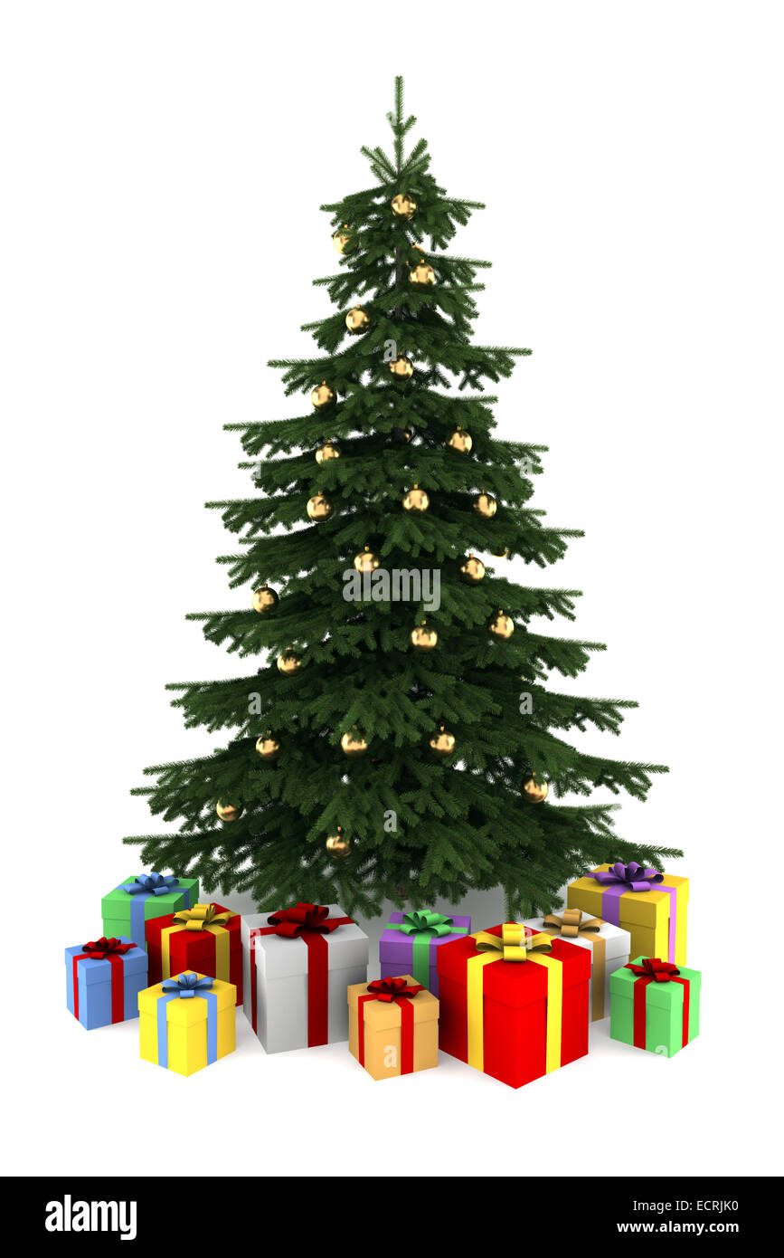 christmas tree with color gift boxes isolated on white background Stock ...