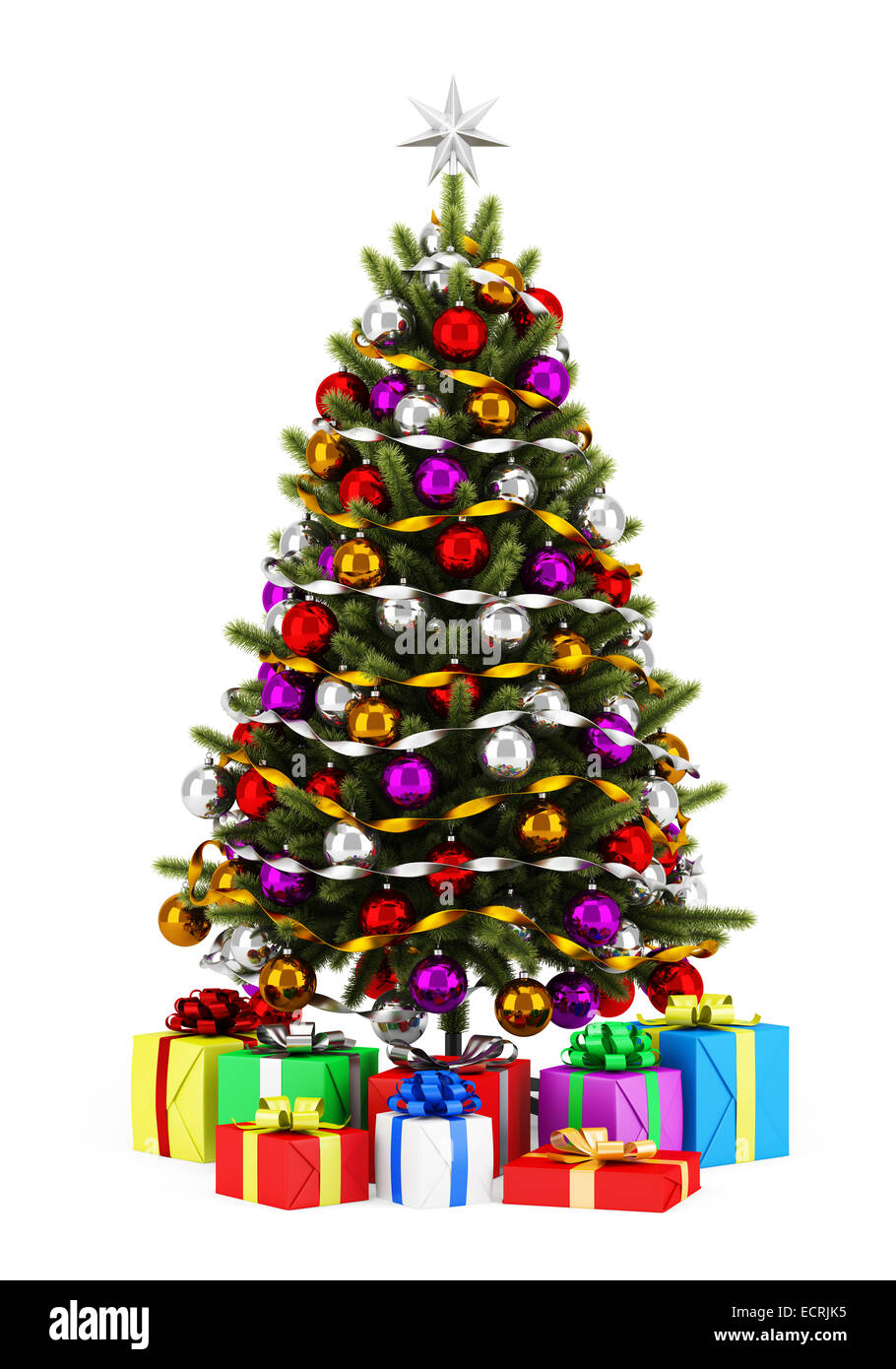 decorated christmas tree with gift boxes isolated on white background ...