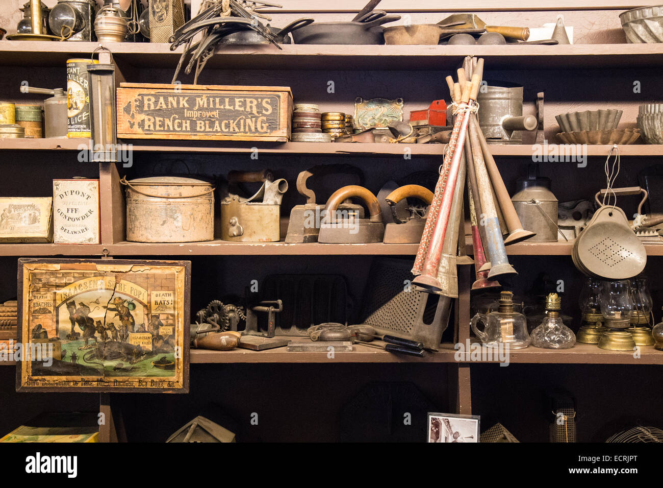 General merchandise offered for sale on a country store shelf. Stock Photo