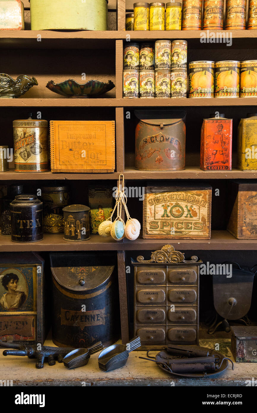 General merchandise offered for sale on a country store shelf. Stock Photo