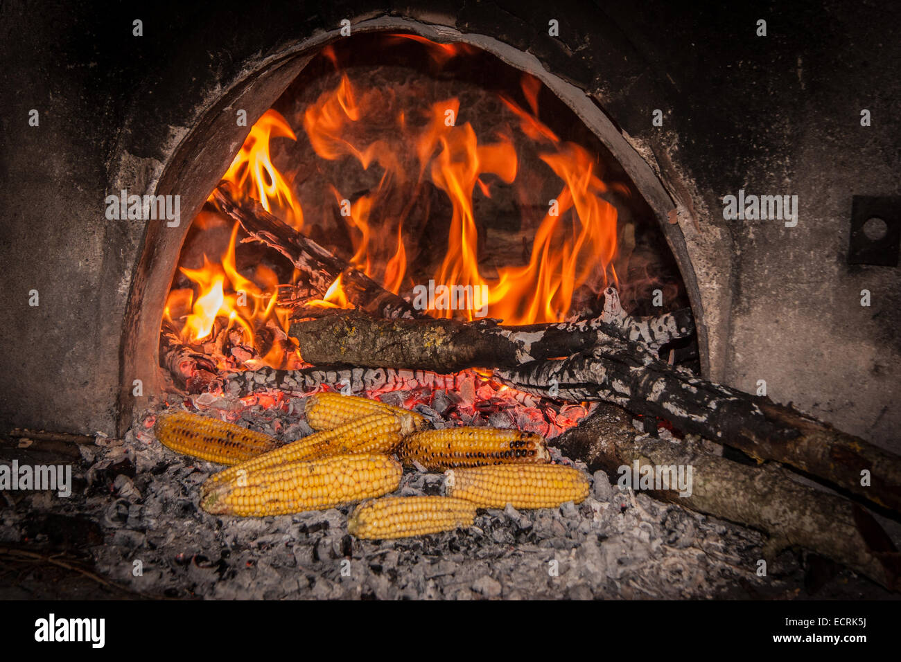 Crilled corn in a traditional wood oven. Pournaria village, Arcadia, Peloponnese, Greece Stock Photo
