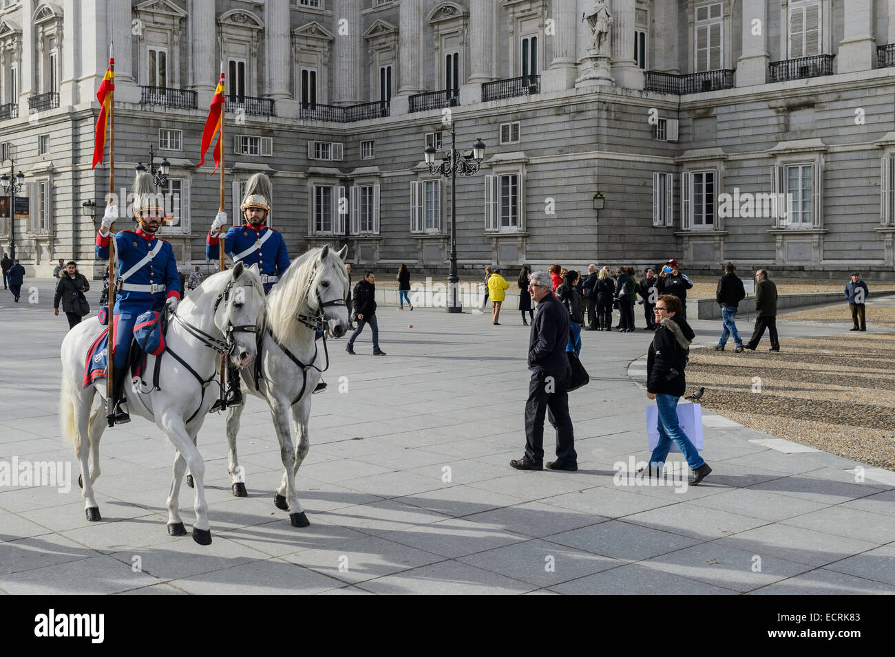 Royal Guards riding in front of the royal palace Stock Photo