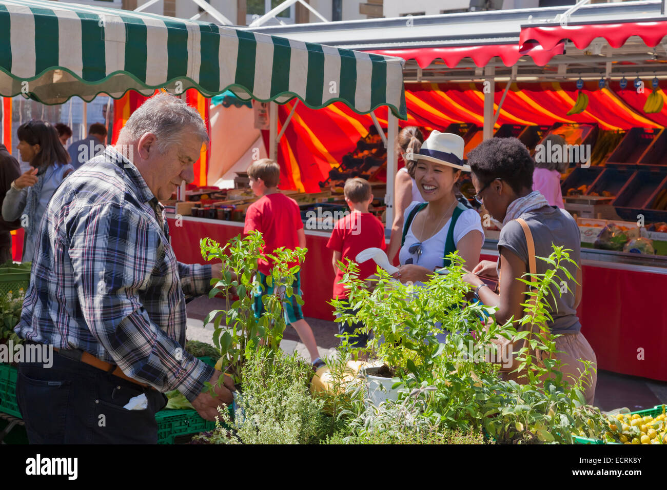 FARMER'S MARKET AT PLAVE GUILLAUME II TOWN SQUARE, LUXEMBOURG CITY, LUXEMBURG, LUXEMBOURG Stock Photo