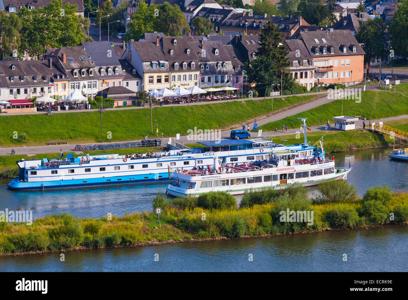 SHIPPING PIER, EXCURSION BOATS, MOSELLE RIVER, TRIER, TREVES, RHINELAND-PALATINATE, GERMANY Stock Photo