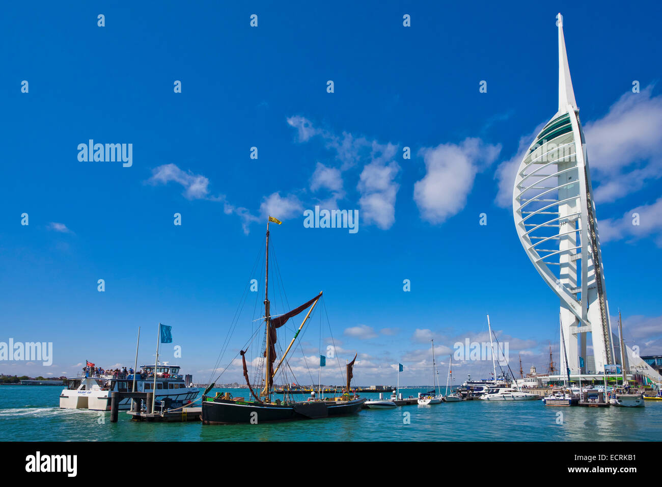 EXCURSION BOAT, SPINNAKER TOWER, GUNWHARF QUAYS, HARBOUR, PORTSMOUTH, HAMPSHIRE, ENGLAND, GREAT BRITAIN Stock Photo