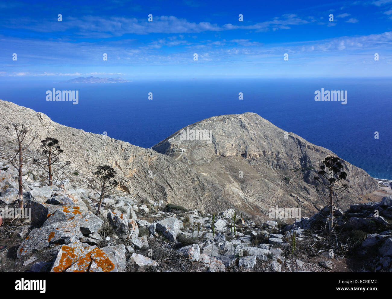 Ancient Thera from Profitou Iliou, Santorini, Greece with Anafi Island in the distance Stock Photo