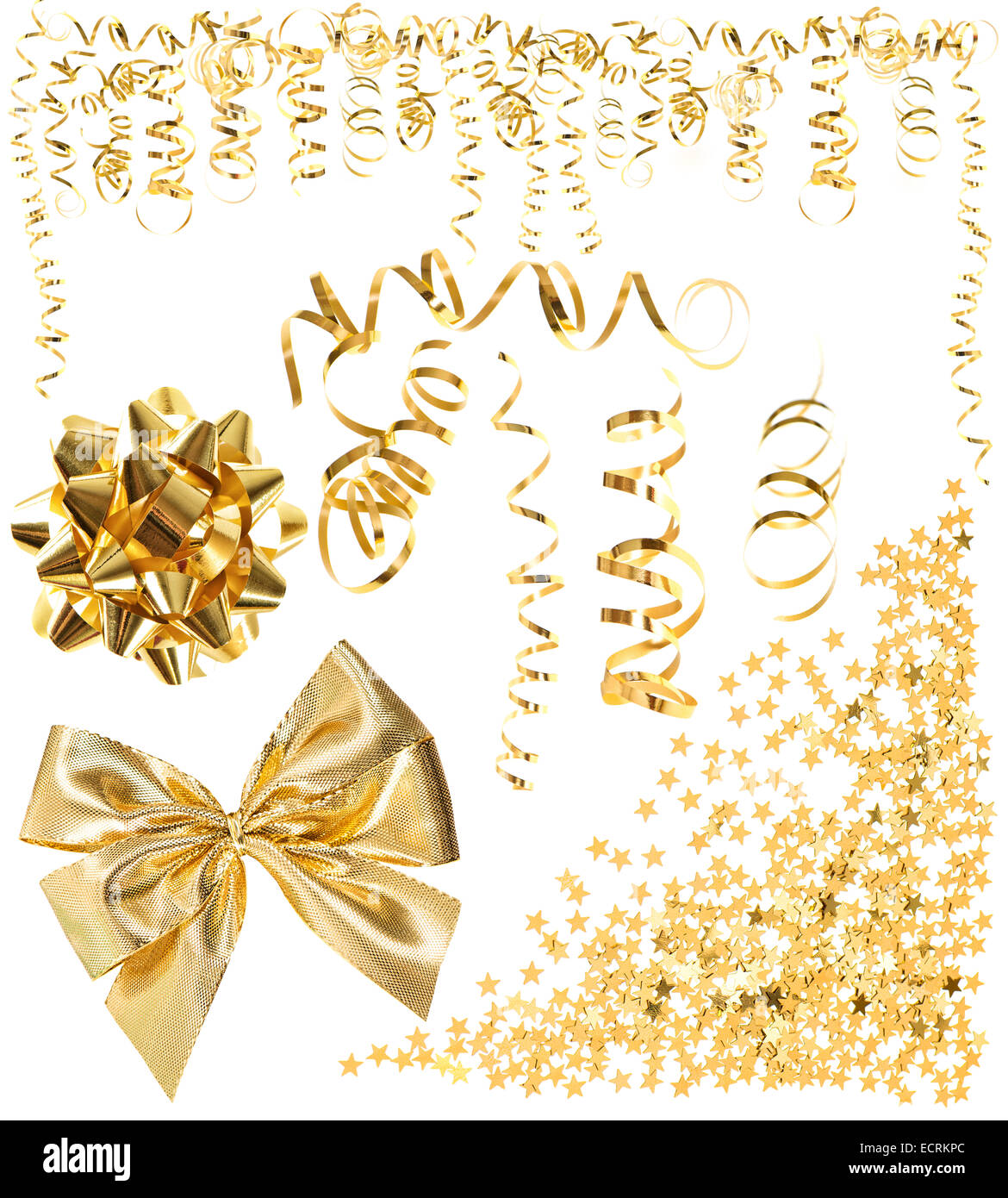 Gold streamers set. Golden serpentine ribbons, isolated on