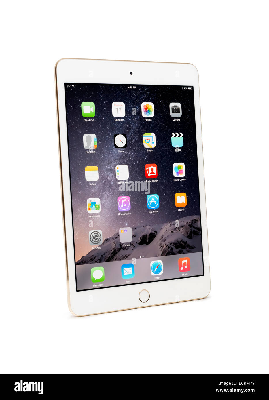 White gold Apple iPad Mini 3 tablet isolated with clipping path on white background Stock Photo