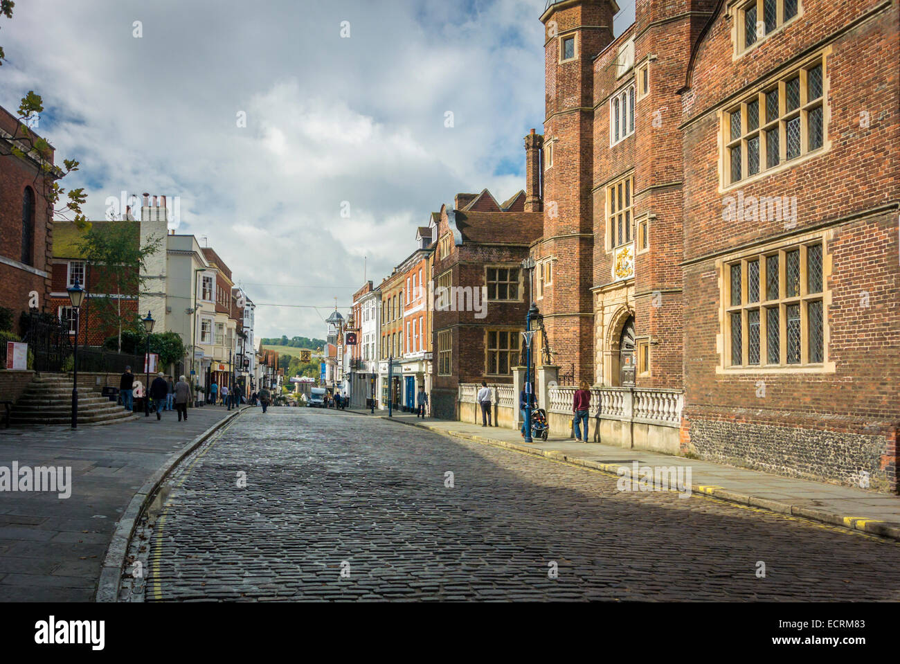 Guildford cobbled High Street and almshouses Stock Photo
