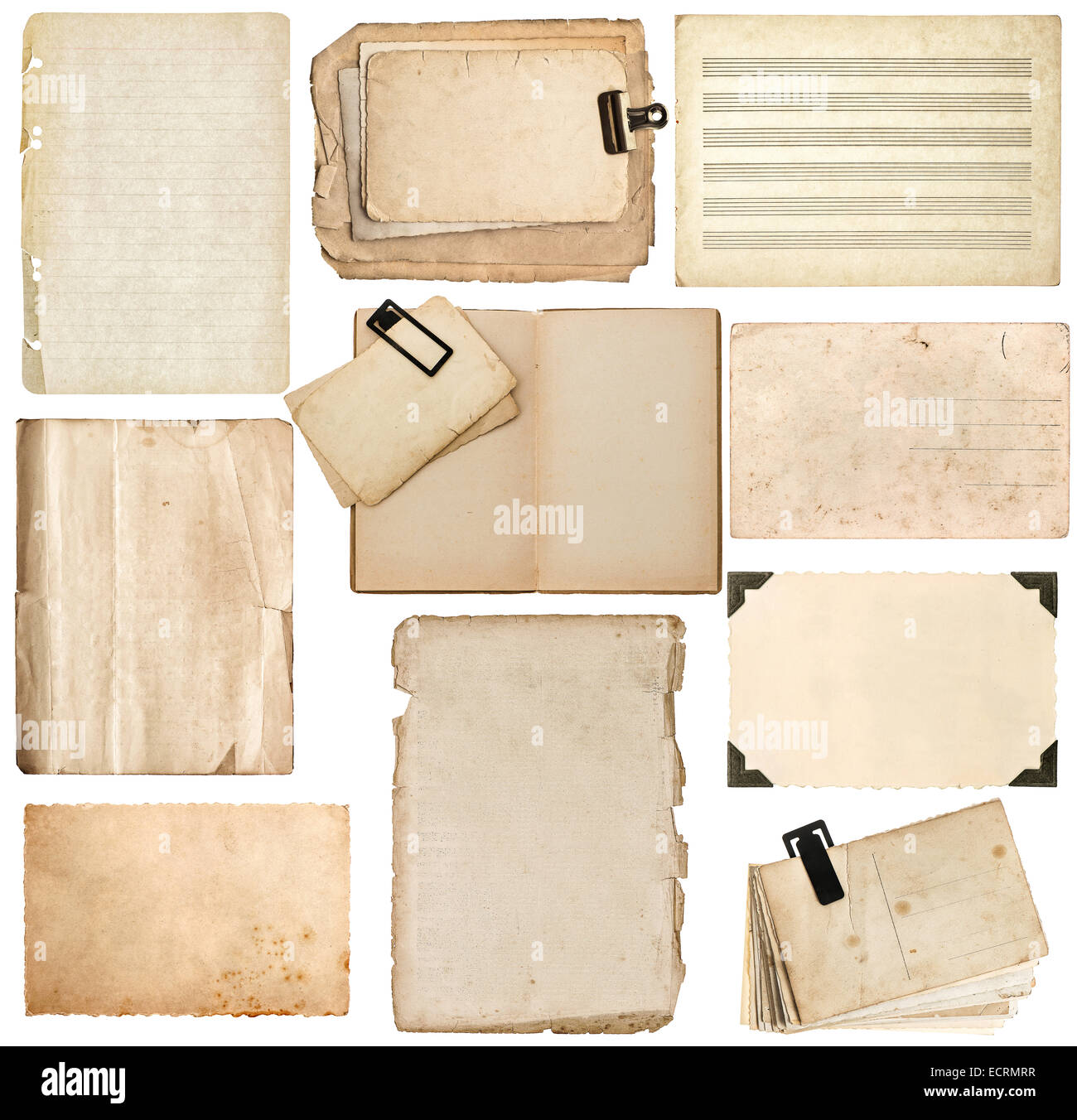 aged paper sheets, book pages, cardboard, photo frame with corner isolated on white background Stock Photo
