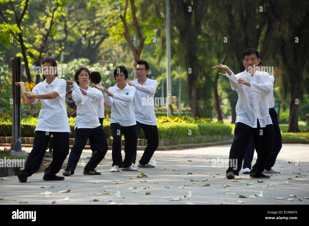 Horizontal view of people practising Tai Chi in Lumphini Park in Bangkok. Stock Photo