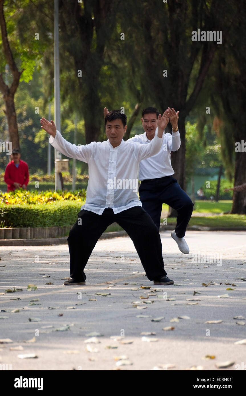 Vertical view of people practising Tai Chi in Lumphini Park in Bangkok. Stock Photo
