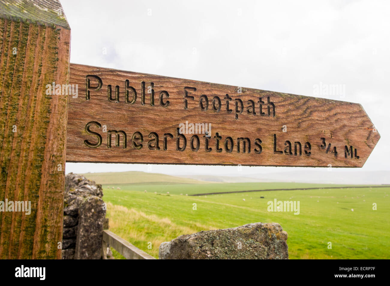 A footpath sign off Mastiles Lane, an ancient green lane in the Yorkshire Dales, UK. Stock Photo