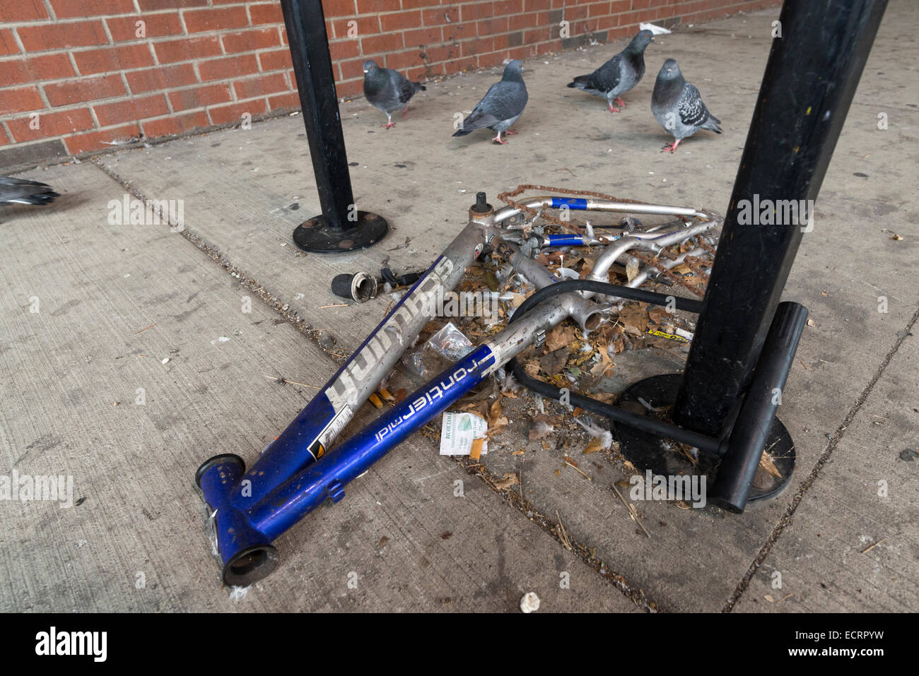 Frame from a vandalized bicycle locked to a bike rack, Chicago Stock
