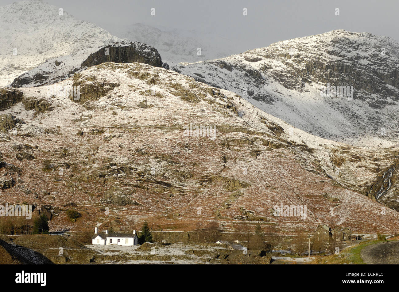 Youth Hostel in abandoned copper mine buildings at foot of The Old Man of Coniston in Cumbrian Mountains, England Stock Photo