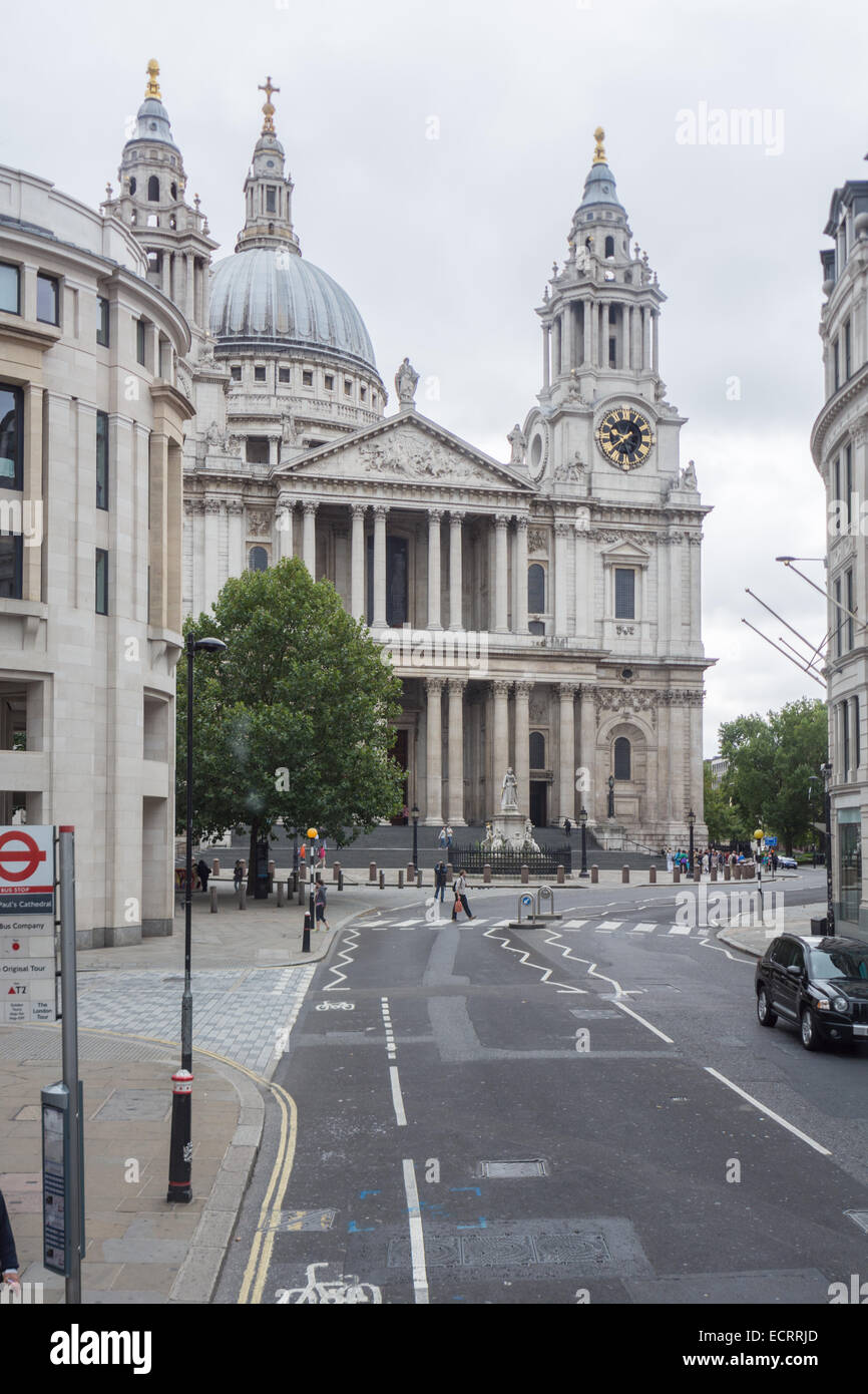 View of magnificent St. Paul Cathedral. It sits at top of Ludgate Hill - highest point in City of London. Cathedral was built by Christopher Wren between 1675 and 1711. Stock Photo